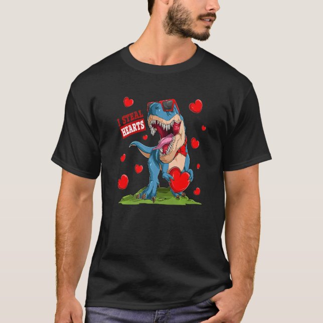 Valentines Day Dinosaur I Steal Hearts Boys Men Lo T-Shirt (Front)