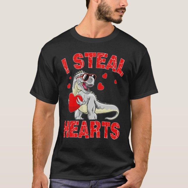 Valentines Day Dinosaur I Steal Hearts Boys Men Lo T-Shirt (Front)