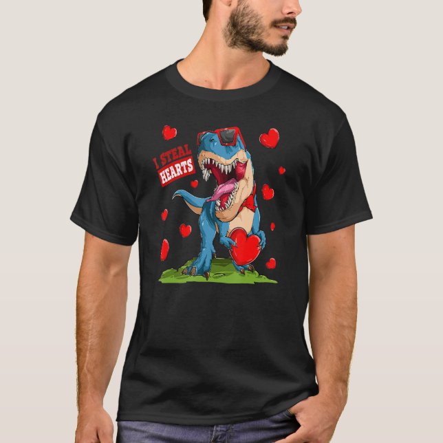 Valentines Day Dinosaur I Steal Hearts Boys Men Lo T-Shirt (Front)