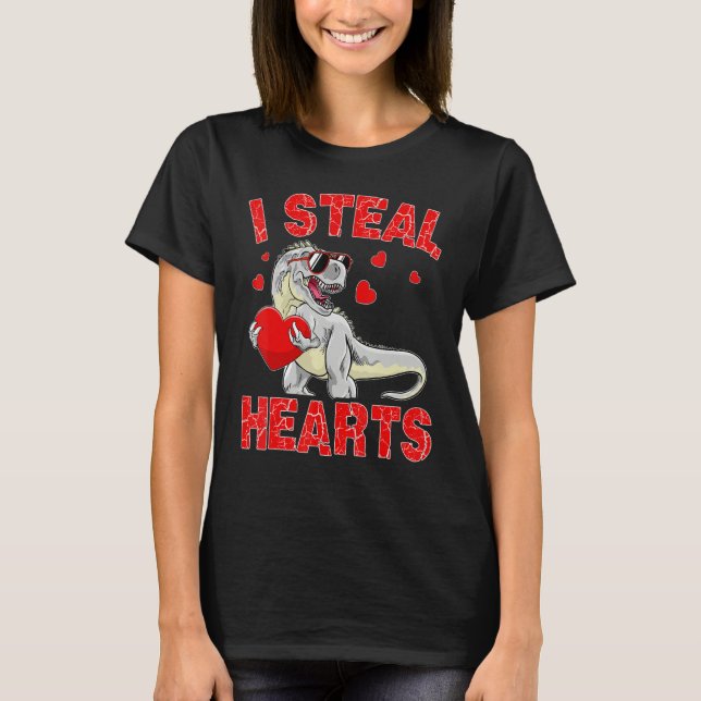 Valentines Day Dinosaur I Steal Hearts Boys Men Lo T-Shirt (Front)