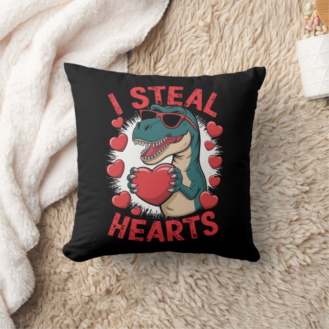 Valentines Day Dinosaur I Steal Hearts Love T rex Cushion (Blanket)