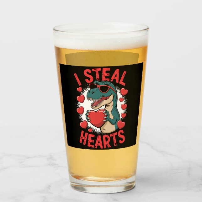 Valentines Day Dinosaur I Steal Hearts Love T rex Glass (Front Filled)