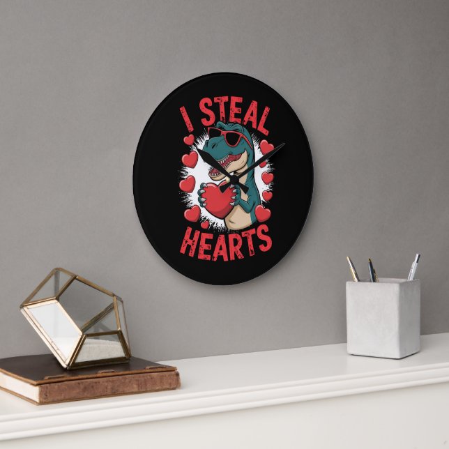 Valentines Day Dinosaur I Steal Hearts Love T rex Large Clock (Office)