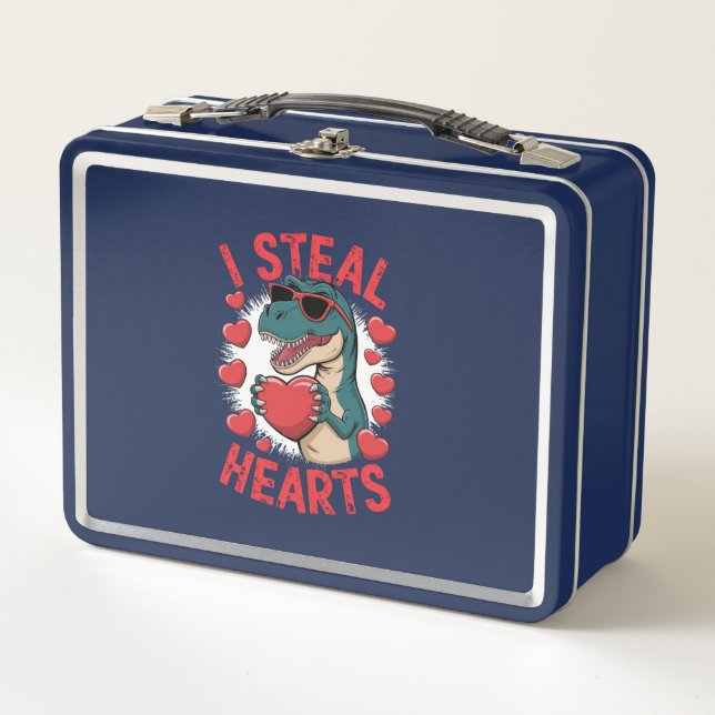 Valentines Day Dinosaur I Steal Hearts Love T rex Metal Lunch Box (Front)