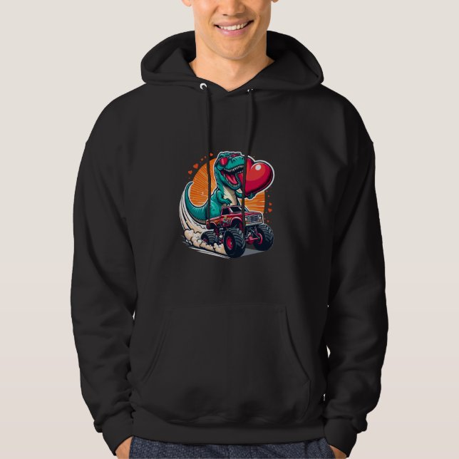 Valentine's Day Dinosaur Monster Truck Heart in Lo Hoodie (Front)