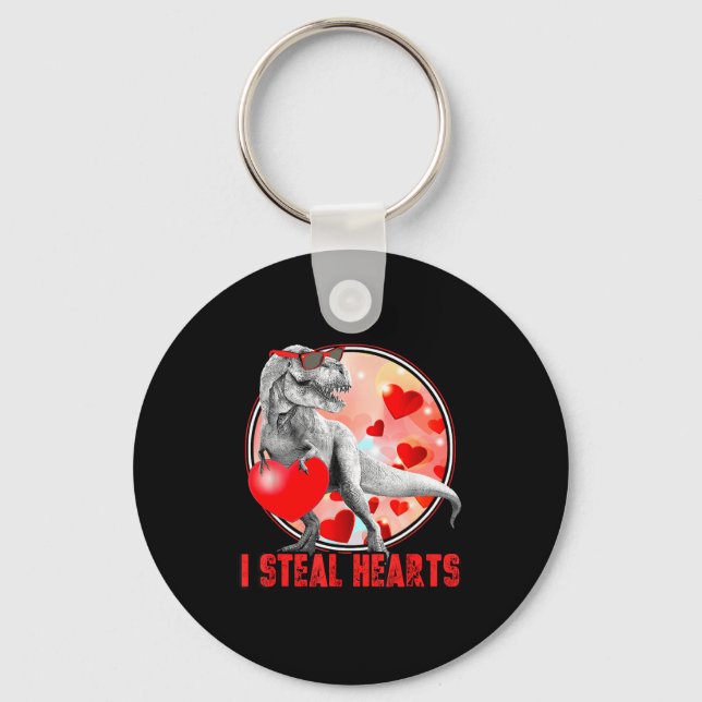 Valentines Day Dinosaur T Rex I Steal Hearts Funny Key Ring (Front)