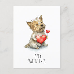 Valentines Day Dog Holding Heart Watercolor Sweet Postcard