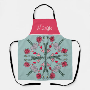 Valentines Day Doodle Hearts Floral Bee Mint Pink Apron