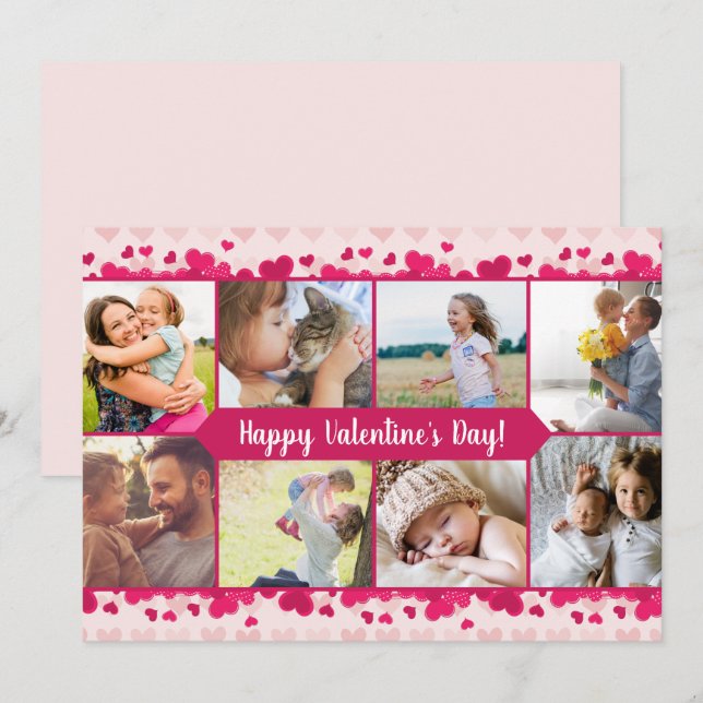 Valentine's Day Eight Photo Collage with Hearts Holiday Card (Front/Back)