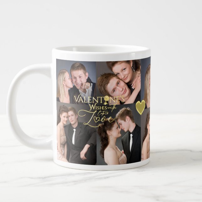 Valentine's Day Elegant Gold Photo Collage  Large Coffee Mug (Left)