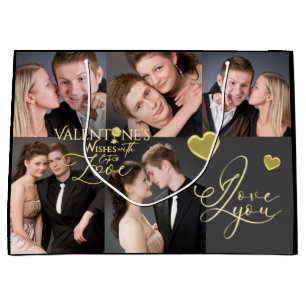 Valentine's Day Elegant Gold Photo Collage Large Gift Bag