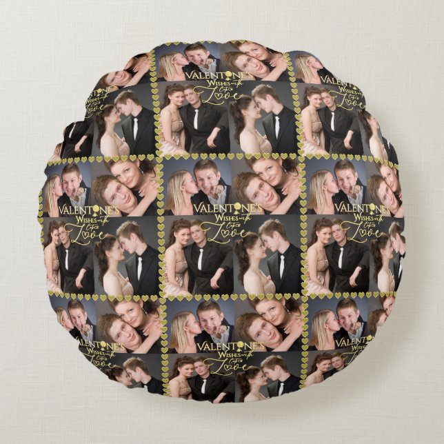 Valentine's Day Elegant Gold Photo Collage  Round Cushion (Front)