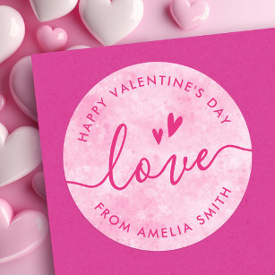 Valentine's Day elegant script pink hearts Classic Round Sticker