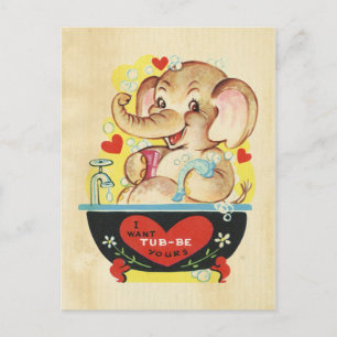 Valentines Day Elephant Kid Animal Retro Red Heart Holiday Postcard