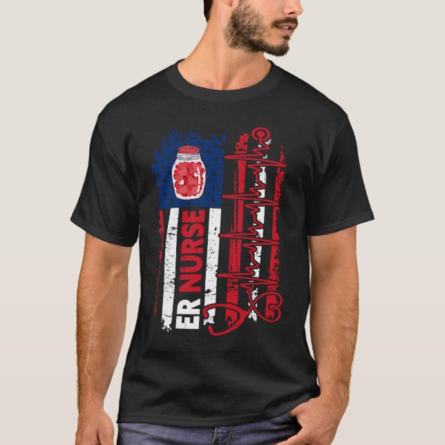 Valentines Day ER Nurse Stethoscope American Flag  T-Shirt (Front)