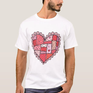 Valentine's Day Faux Patchwork Heart Doodle Style T-Shirt