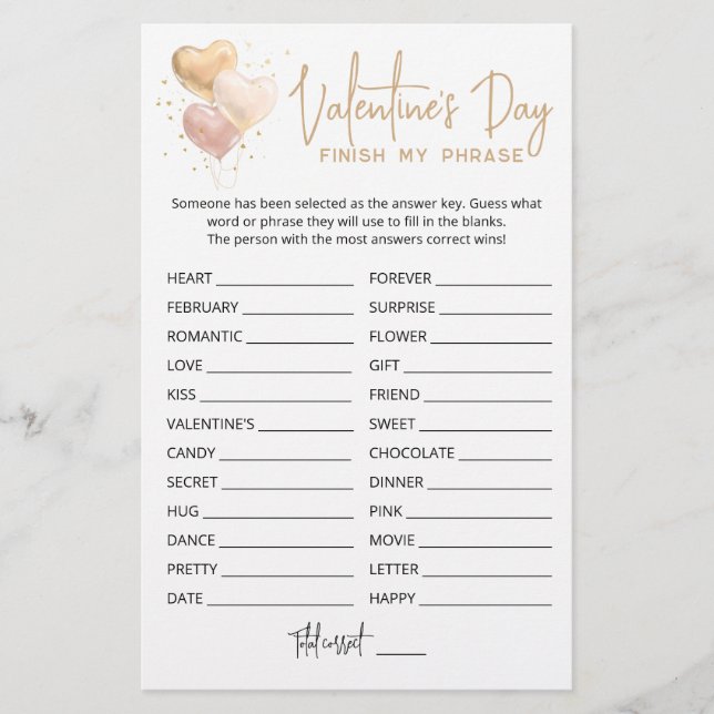 Valentine's day Finish my phrase Editable game (Front)