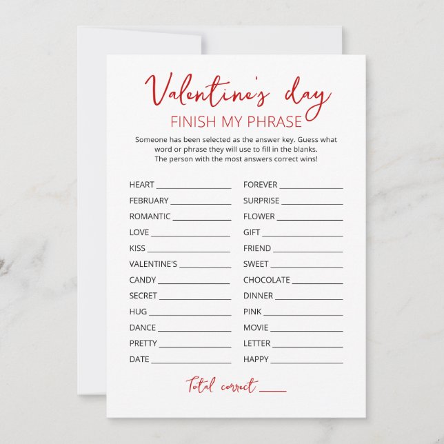 Valentine's day Finish my phrase Party game Card (Front)