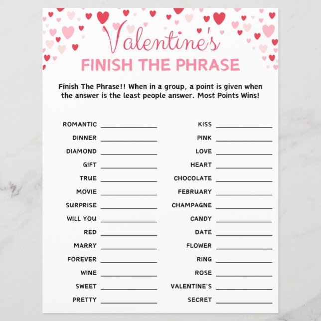 Valentine's Day Finish The Phrase Game (Front)
