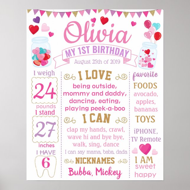 Valentine's day First birthday chalkboard hearts Poster (Front)