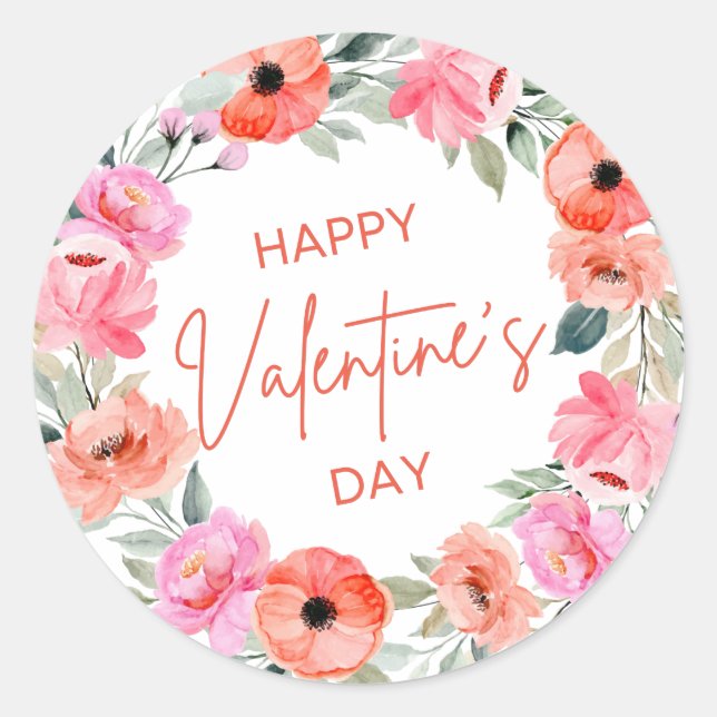 Valentines Day Floral Wreath  Classic Round Sticker (Front)