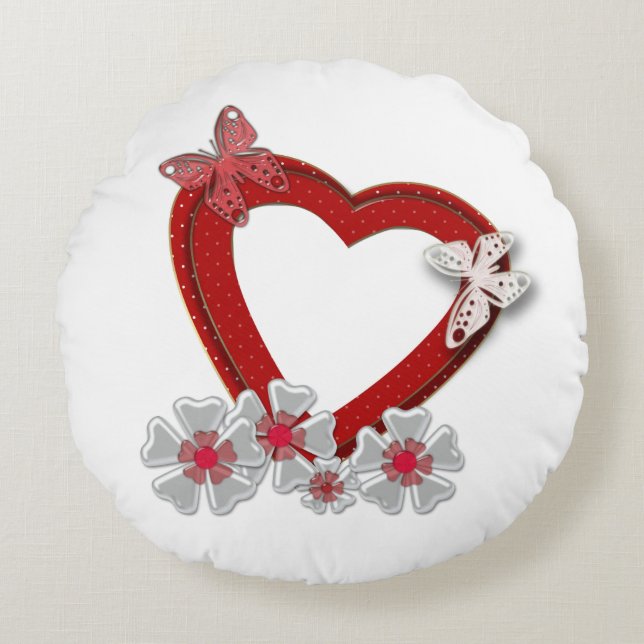 Valentines Day flowers floral red heart butterfly Round Cushion (Front)