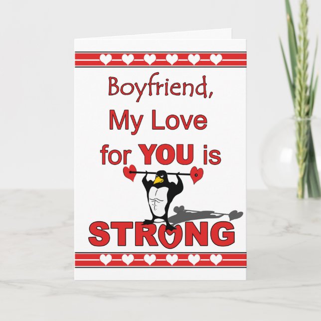 Valentine's Day for Boyfriend, Penguin and Weights Holiday Card (Front)