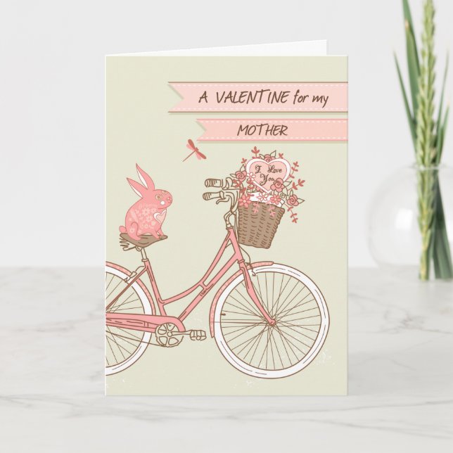 Valentine's Day for Mother, Bicycle, Pink Rabbit Holiday Card (Front)
