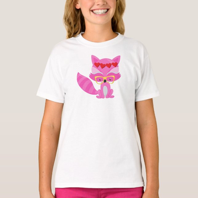 Valentine's Day Fox, Pink Fox, Glasses, Hearts T-Shirt (Front)