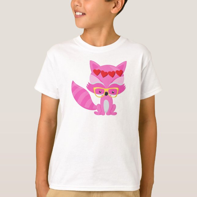 Valentine's Day Fox, Pink Fox, Glasses, Hearts T-Shirt (Front)