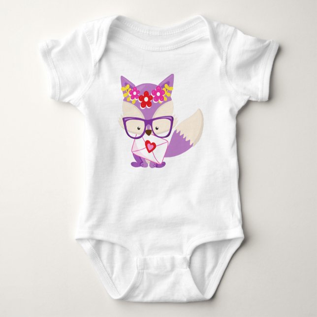Valentine's Day Fox, Purple Fox, Glasses, Hearts Baby Bodysuit (Front)