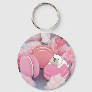 Valentine's Day: French Bulldog, Macarons & Flower Key Ring