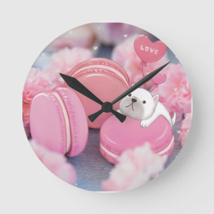 Valentine's Day: French Bulldog, Macarons & Flower Round Clock