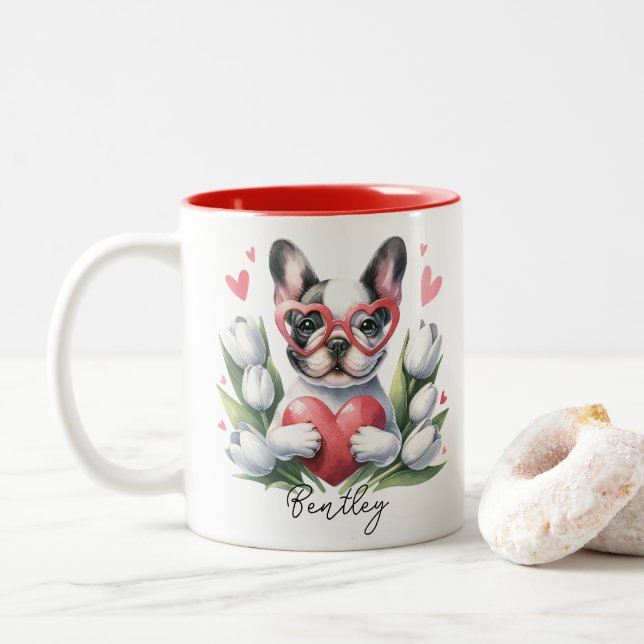 Valentines Day Frenchie Dog Custom Name Two-Tone Coffee Mug (With Donut)