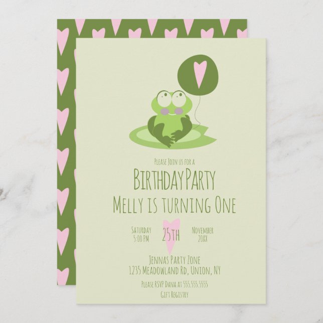 Valentines Day  Frog Birthday Balloon Green  Invitation (Front/Back)