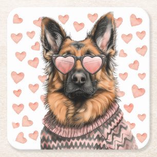 Valentines Day German Shepherd Dog Square Paper Coaster
