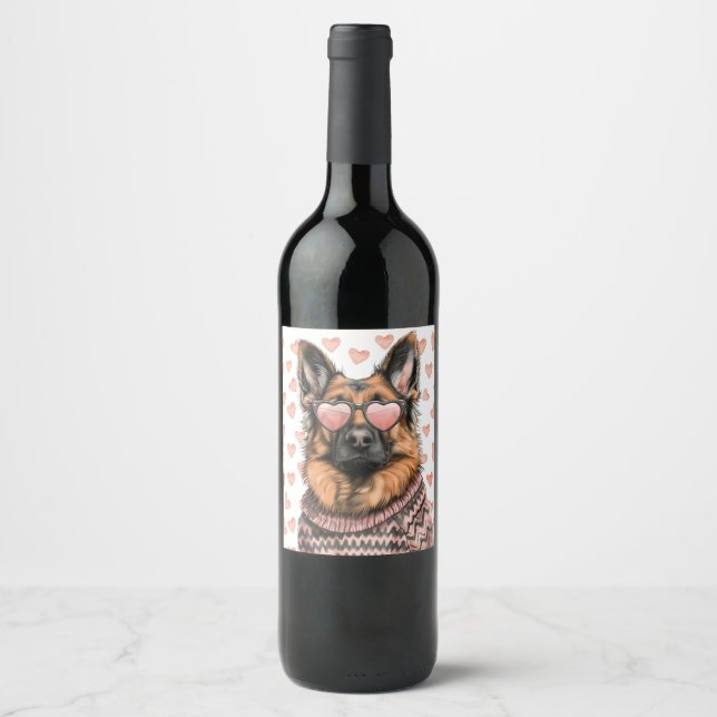 Valentines Day German Shepherd Dog Wine Label (Front)
