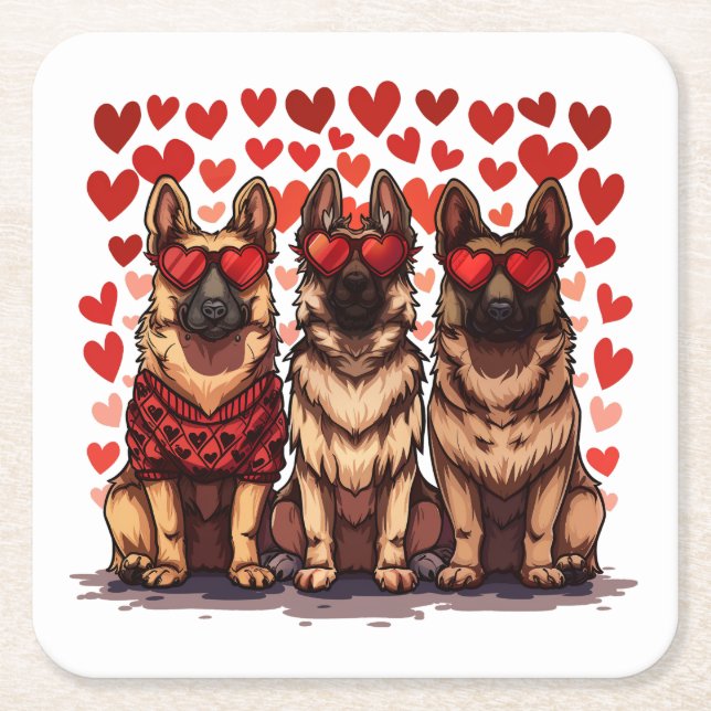 Valentines Day German Shepherd Dogs Square Paper Coaster (Front)