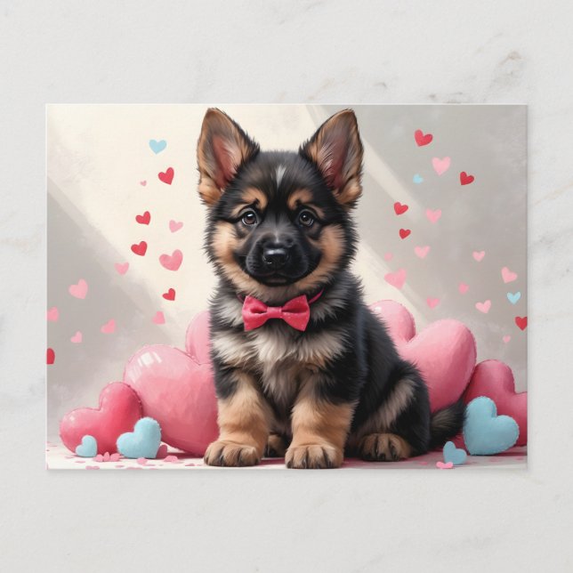 Valentine's Day German Shepherd Puppy with Hearts Holiday Postcard (Front)