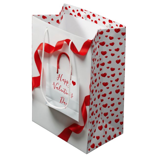 Valentine's Day Gift Bag With Ribbons and Hearts (Front Angled)