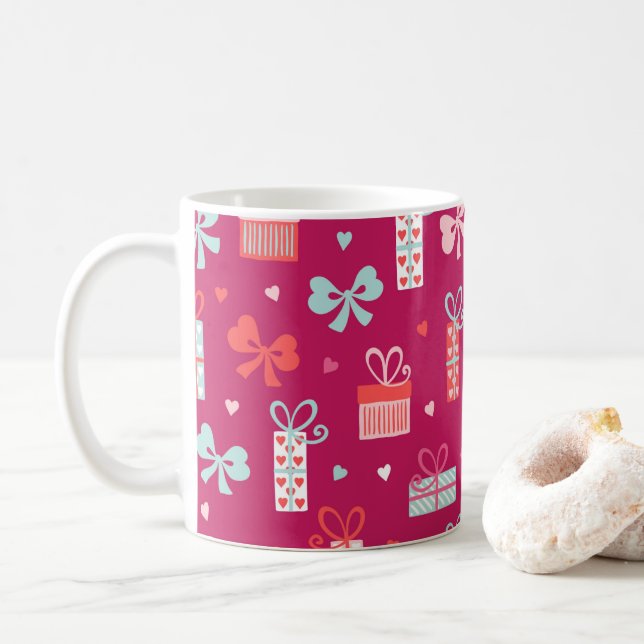 Valentine's Day Gifts Bows Hearts Pink Red Love Coffee Mug (With Donut)