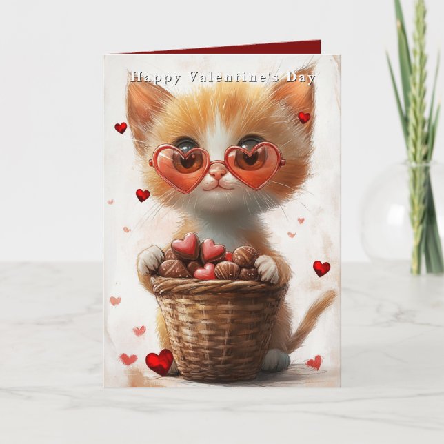 Valentine's Day Ginger Cat Basket Hearts  Card (Front)