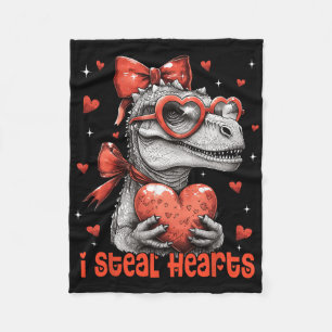 Valentines Day Girls Women I Steal Hearts Dinosaur Fleece Blanket