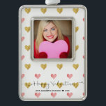 Valentines Day Glitter Heart Script Photo Ornament<br><div class="desc">A modern and trendy gold and pink glitter hearts illustration pattern with lovely Typography Script letters "Happy Valentine's Day". Easily to change the sample photo with your own one.</div>