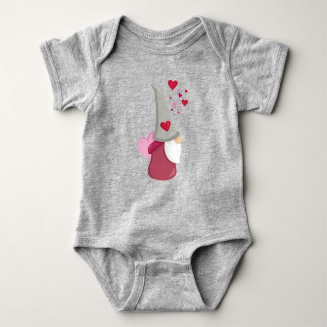 Valentine's Day Gnome, Cute Gnome, Beard, Hearts  Baby Bodysuit (Front)