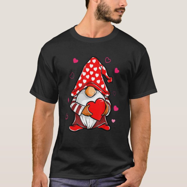 Valentines Day Gnome Love Holding Red Heart T-Shirt (Front)