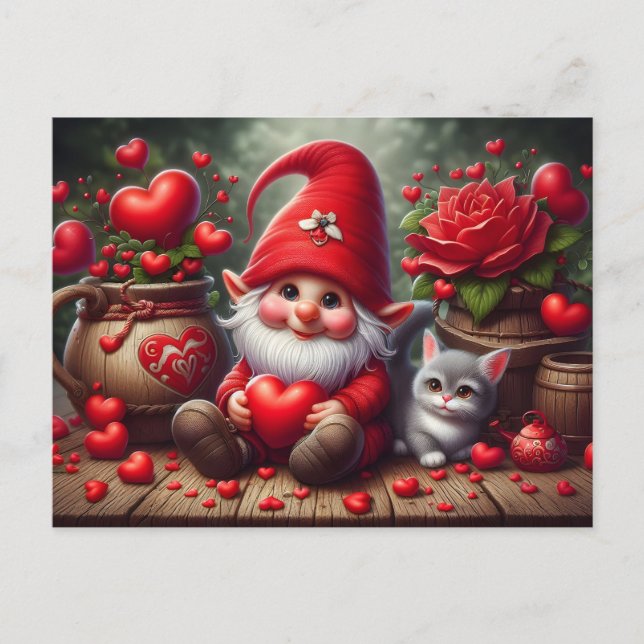 Valentine's Day Gnome with a cat Holiday Postcard (Front)