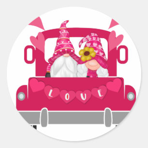 Valentine's Day, Gnomes, Pink Truck Classic Round Sticker