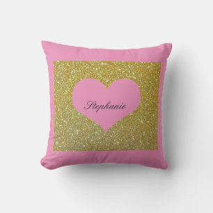 Valentine's Day Gold Glitter Monogram Heart Pink Cushion