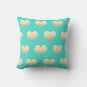 Valentine's Day Gold Heart Pattern Turquoise Teal  Cushion